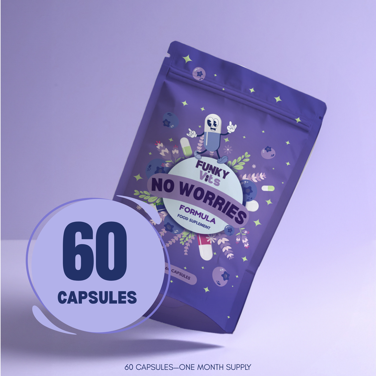 Funky Vits "No Worries" - Natural Stress Relief Capsules | Vegan, Plant-Based Formula with B-Vitamins, Ashwagandha & Lavender