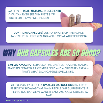 Funky Vits "No Worries" - Natural Stress Relief Capsules | Vegan, Plant-Based Formula with B-Vitamins, Ashwagandha & Lavender