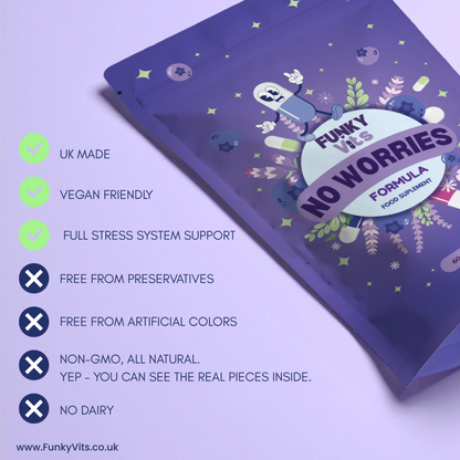 Funky Vits "No Worries" - Natural Stress Relief Capsules | Vegan, Plant-Based Formula with B-Vitamins, Ashwagandha & Lavender