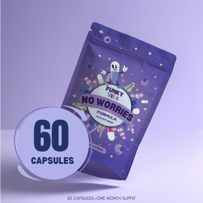 Funky Vits "No Worries" - Natural Stress Relief Capsules | Vegan, Plant-Based Formula with B-Vitamins, Ashwagandha & Lavender