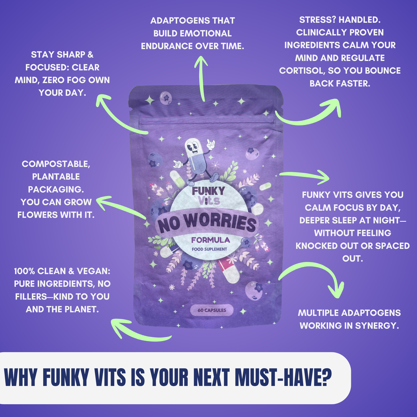 Funky Vits "No Worries" - Natural Stress Relief Capsules | Vegan, Plant-Based Formula with B-Vitamins, Ashwagandha & Lavender