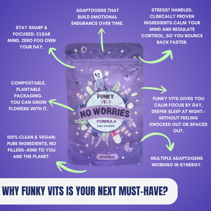 Funky Vits "No Worries" - Natural Stress Relief Capsules | Vegan, Plant-Based Formula with B-Vitamins, Ashwagandha & Lavender