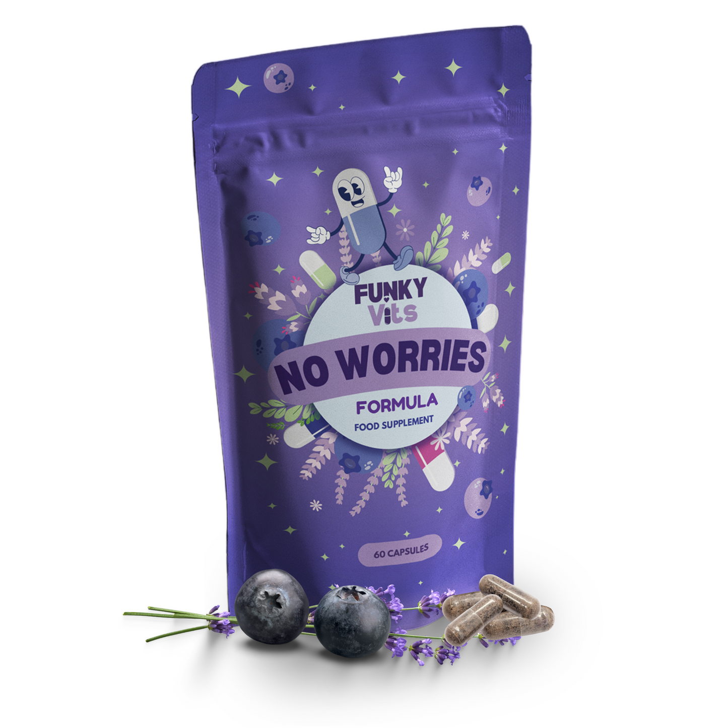 Funky Vits "No Worries" - Natural Stress Relief Capsules | Vegan, Plant-Based Formula with B-Vitamins, Ashwagandha & Lavender