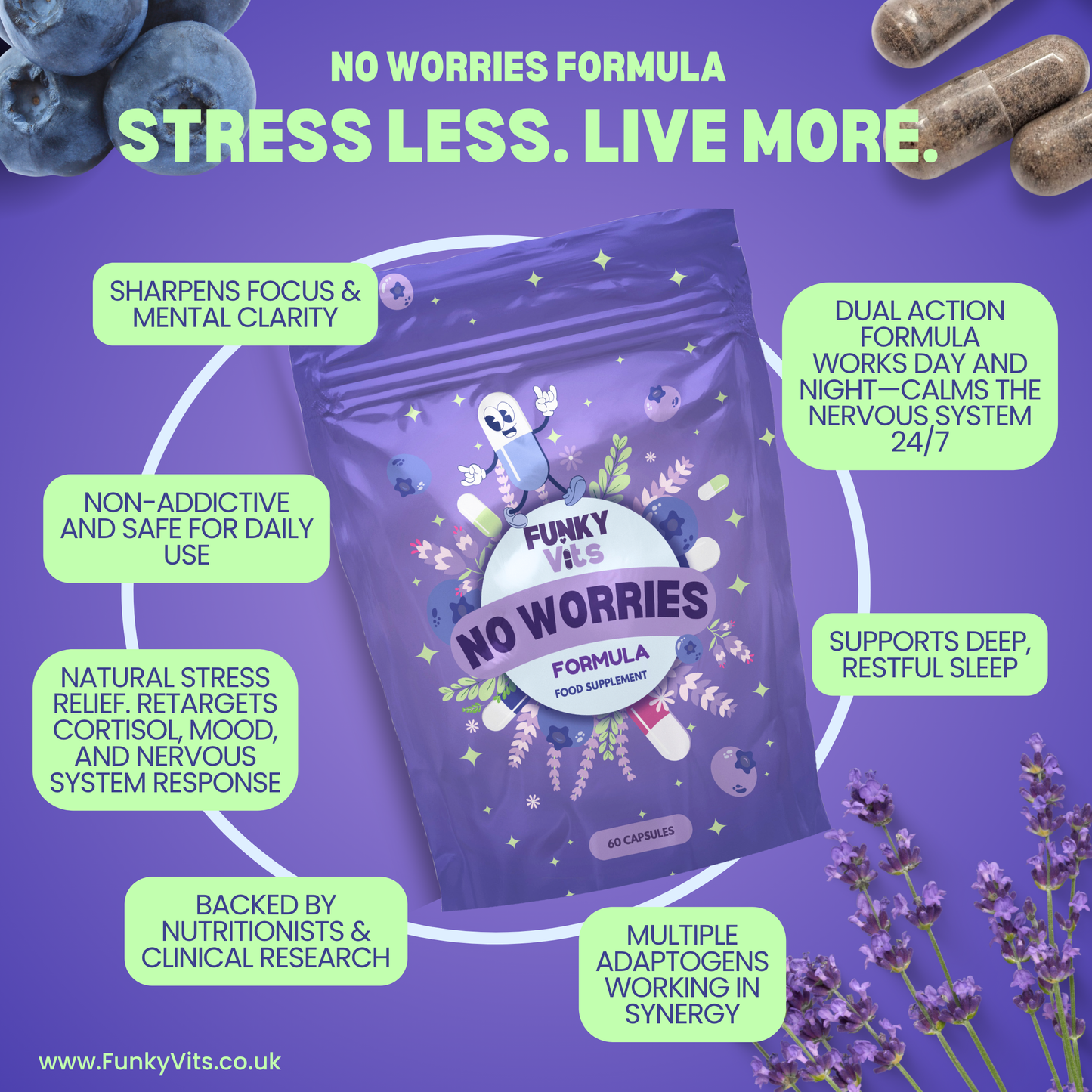 Funky Vits "No Worries" - Natural Stress Relief Capsules | Vegan, Plant-Based Formula with B-Vitamins, Ashwagandha & Lavender
