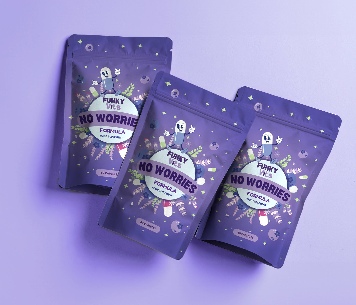 Funky Vits "No Worries" - Natural Stress Relief Capsules | Vegan, Plant-Based Formula with B-Vitamins, Ashwagandha & Lavender